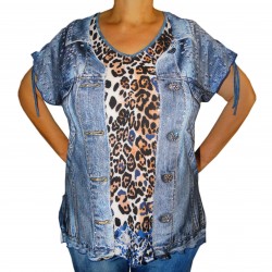 Tee shirt original imprimé vintage bleu électrique léopard femme