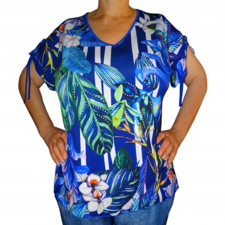 Tee shirt femme fleuri original imprimé multicolore vintage strass