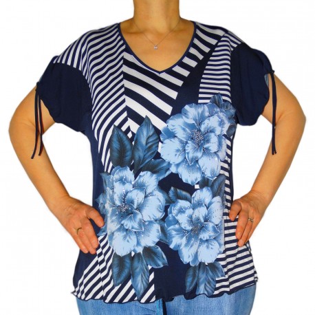 T-shirt imprimé marin/fleur à strass Masquena