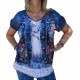 Tee shirt imprimé femme strass et paillettes bleu jean chat Masquenada